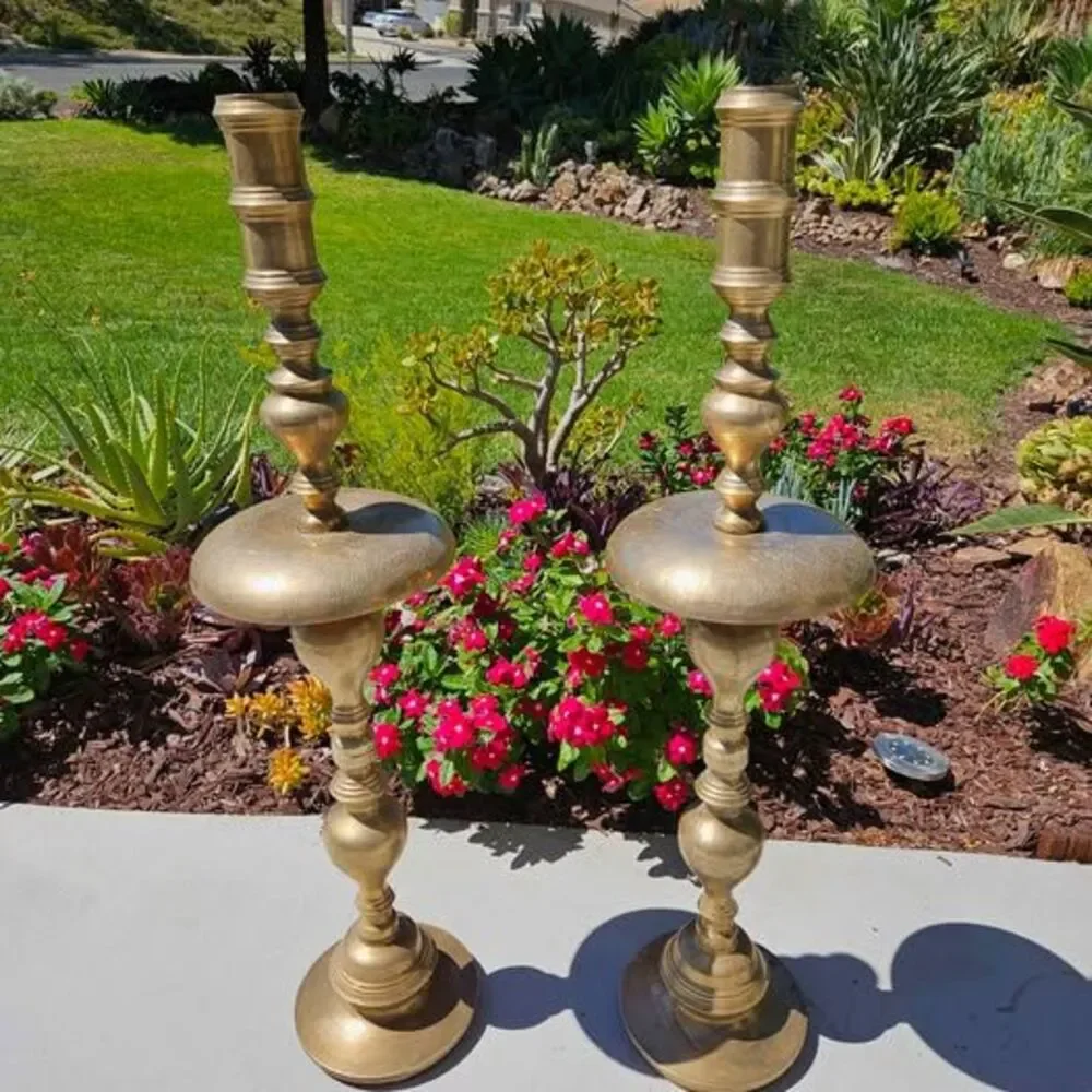 Vintage Pair of XLarge Etched Brass Floor Candle Holders